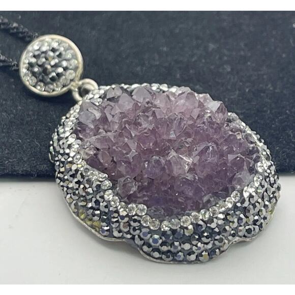 Raw Amethyst Sterling Silver Necklace Pendant 925 Druzy - Picture 9 of 16